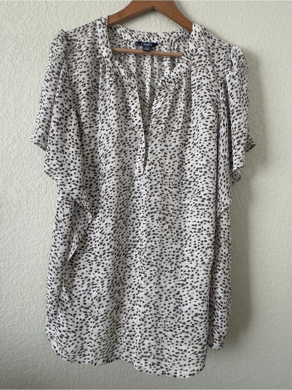 Chaps White Blouse with Army Green Dot Print and Flutter Sleeves